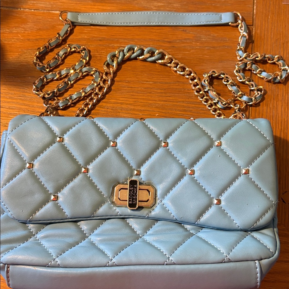 Badgley Mischka Light Blue Quilted Bag with Gold Chain